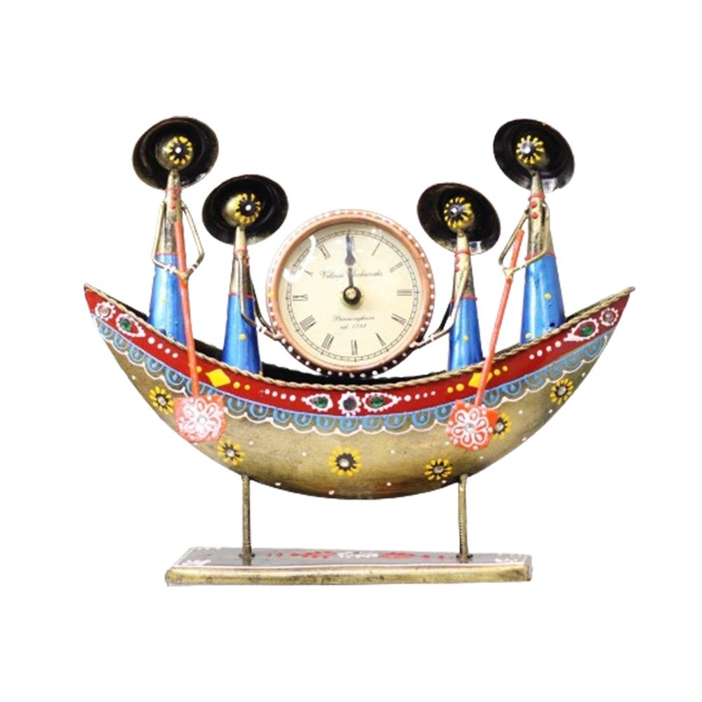 Gold Metal Small Ship with In Built Clock Decorative Showpiece